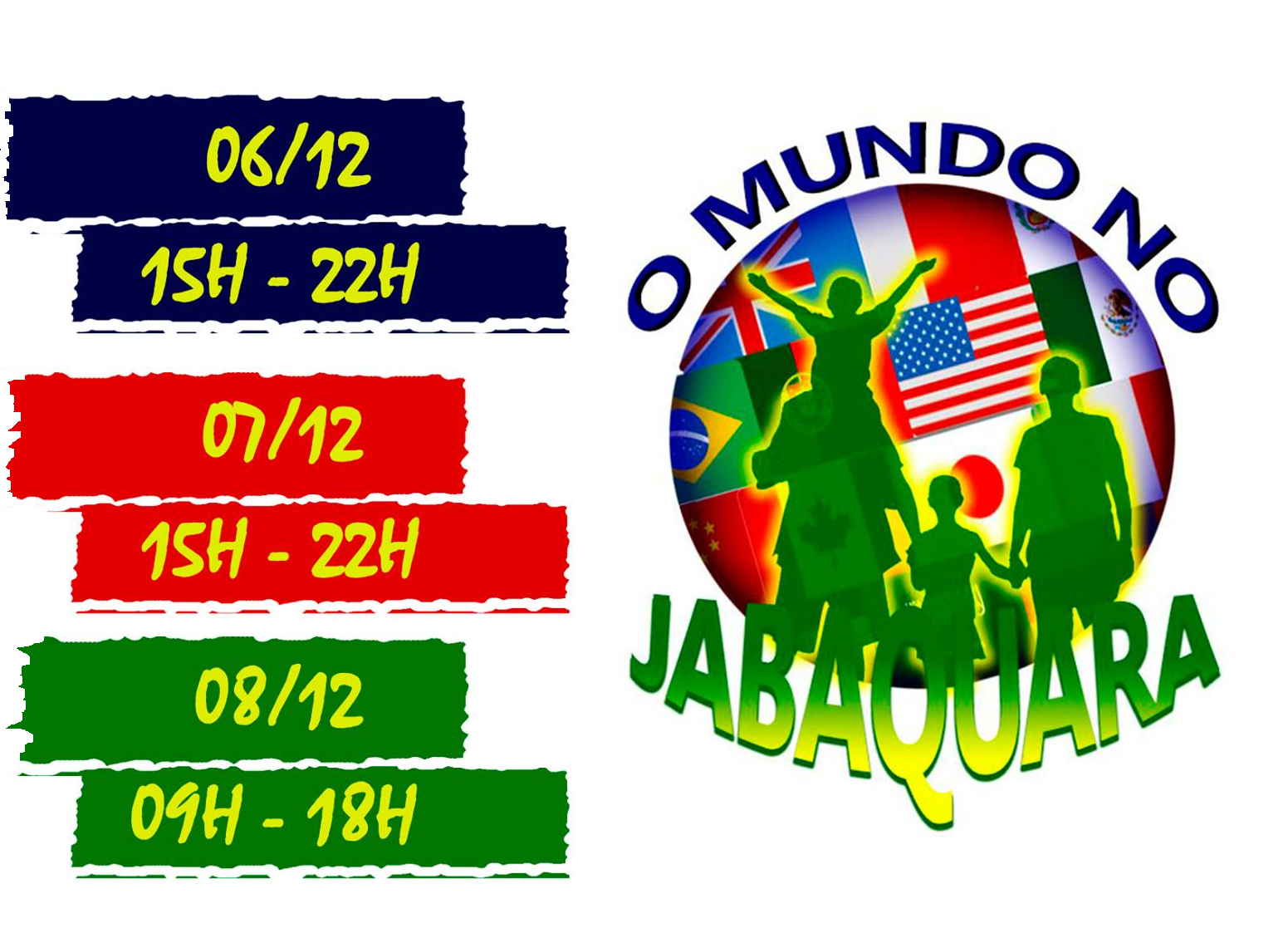Imagem com datas e horas em retângulos coloridos e ao lado um circulo com a bandeira de vários países e os dizeres "O mundo no Jabaquara"